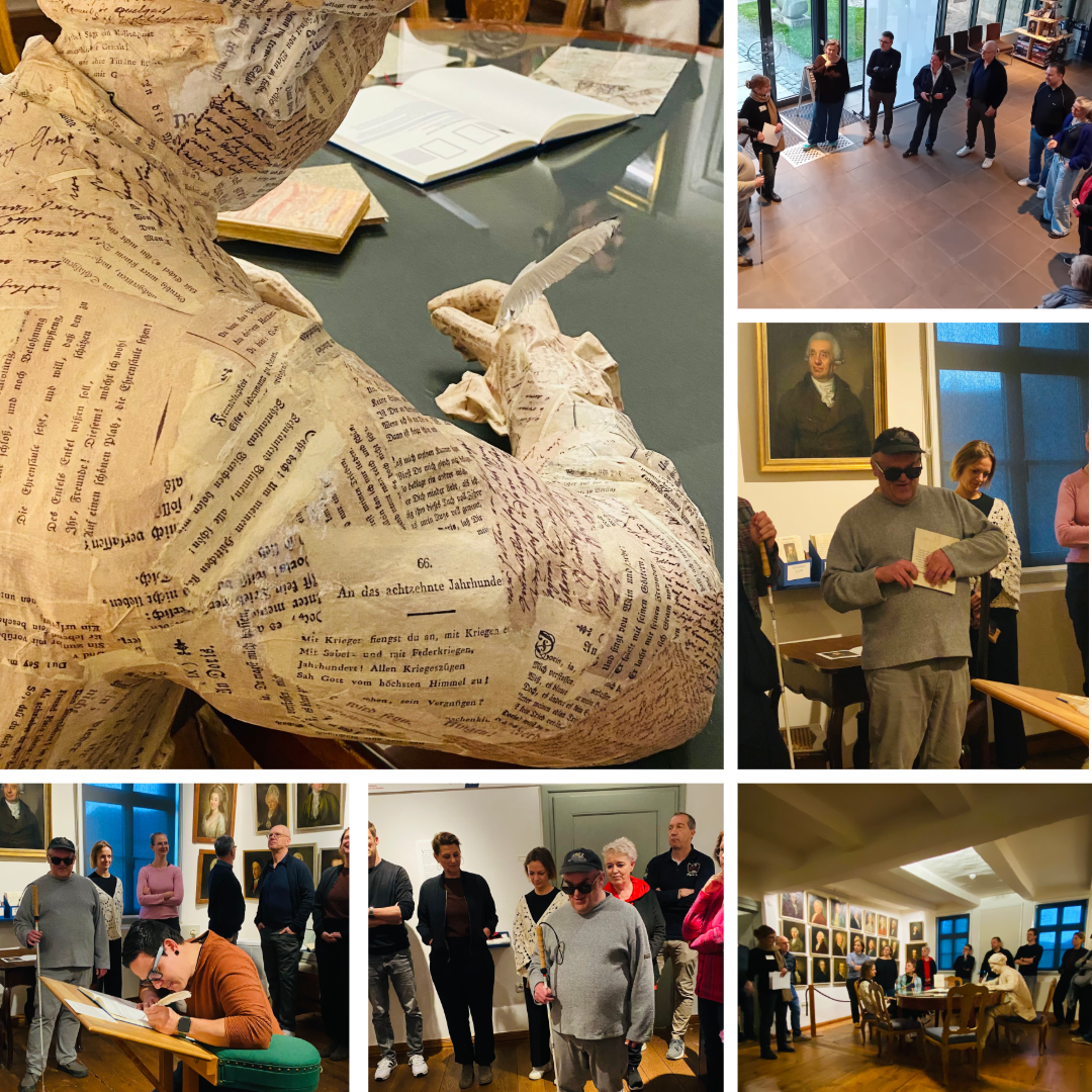 6 Fotos sind zu einer Collage zusammengefasst. Zu sehen sind unterschiedliche Szenen im Gleimhaus in Halberstadt. Das größte Bild zeigt eine lebensgroße, menschliche Figur aus Zeitungspapier die an einem Tisch sitzt und etwas schreibt.